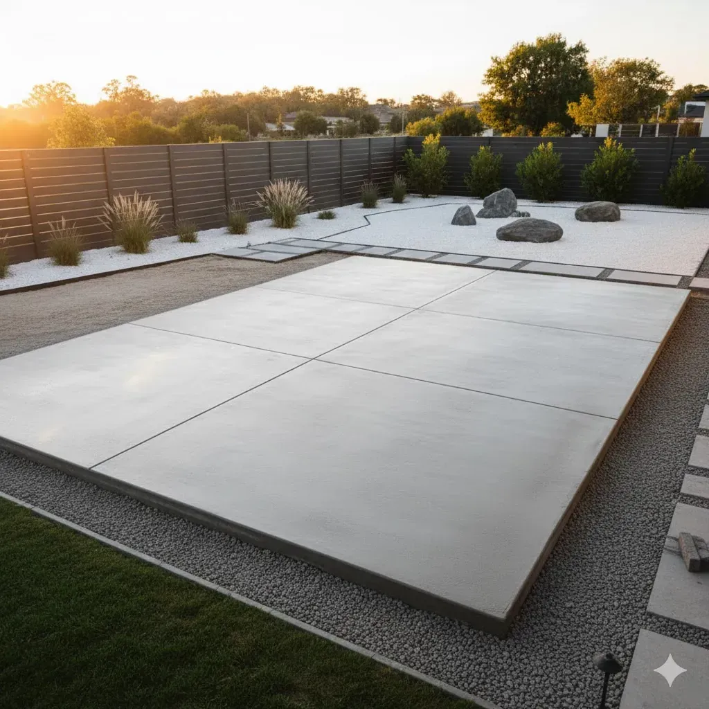 Modern concrete patio with gravel borders and drought-tolerant landscaping