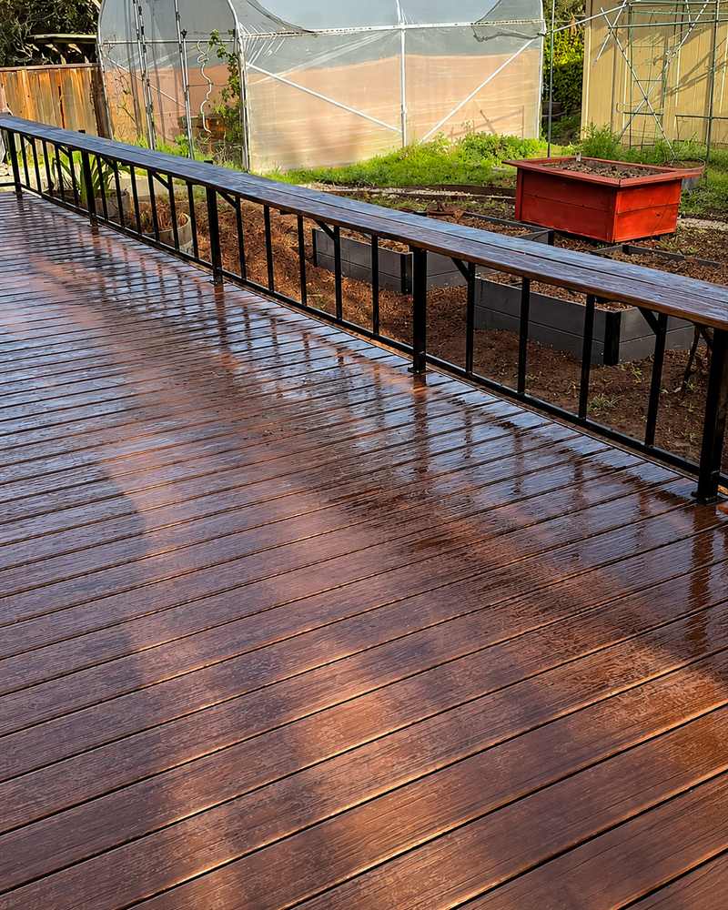 Restored backyard deck with dark wood stain and black railing
