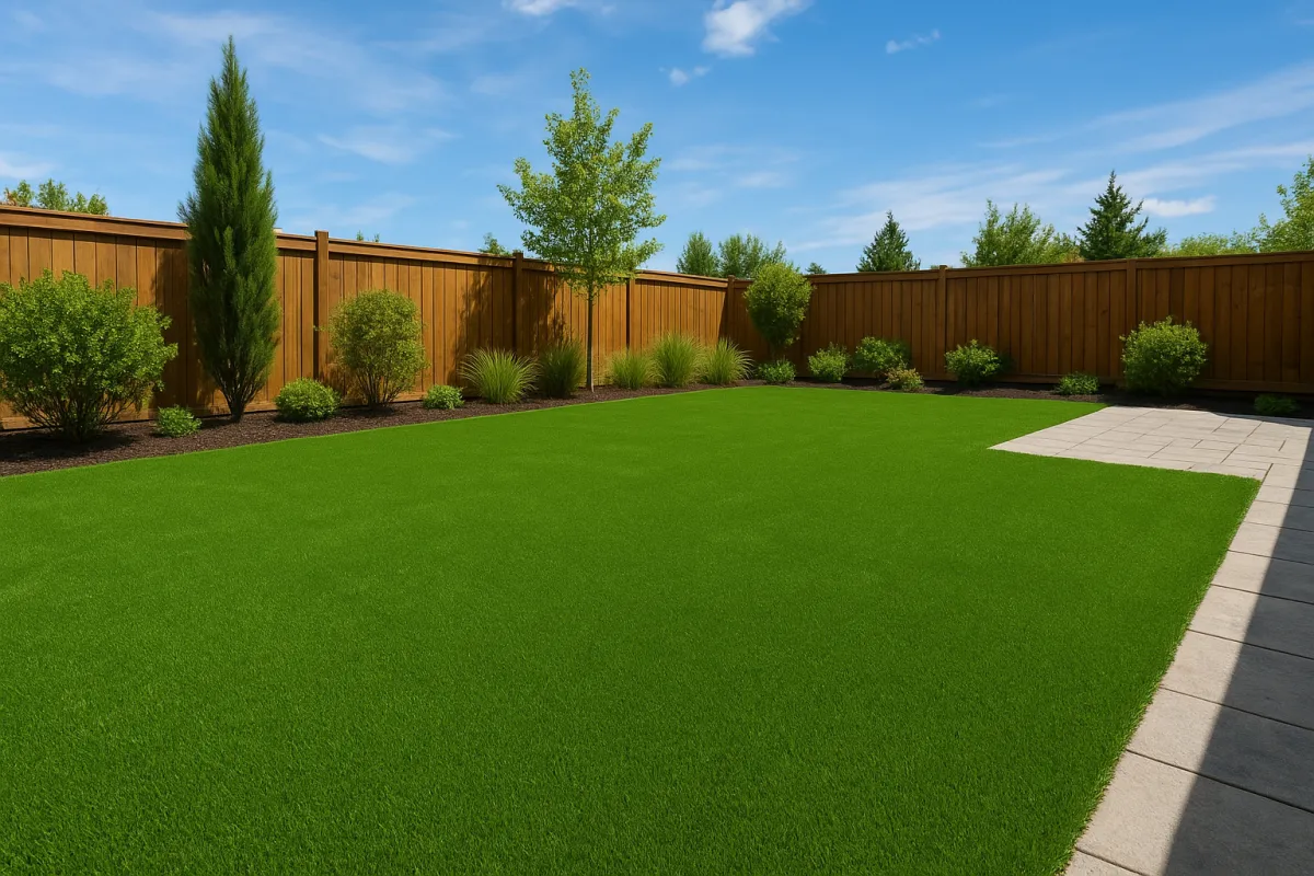Artificial turf lawn with a paver border and landscaped planting beds in a fenced backyard