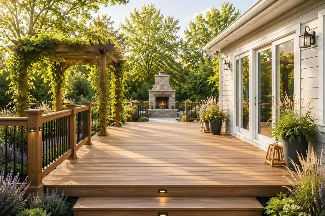 Wood deck with pergola, railings, planters, and outdoor fireplace