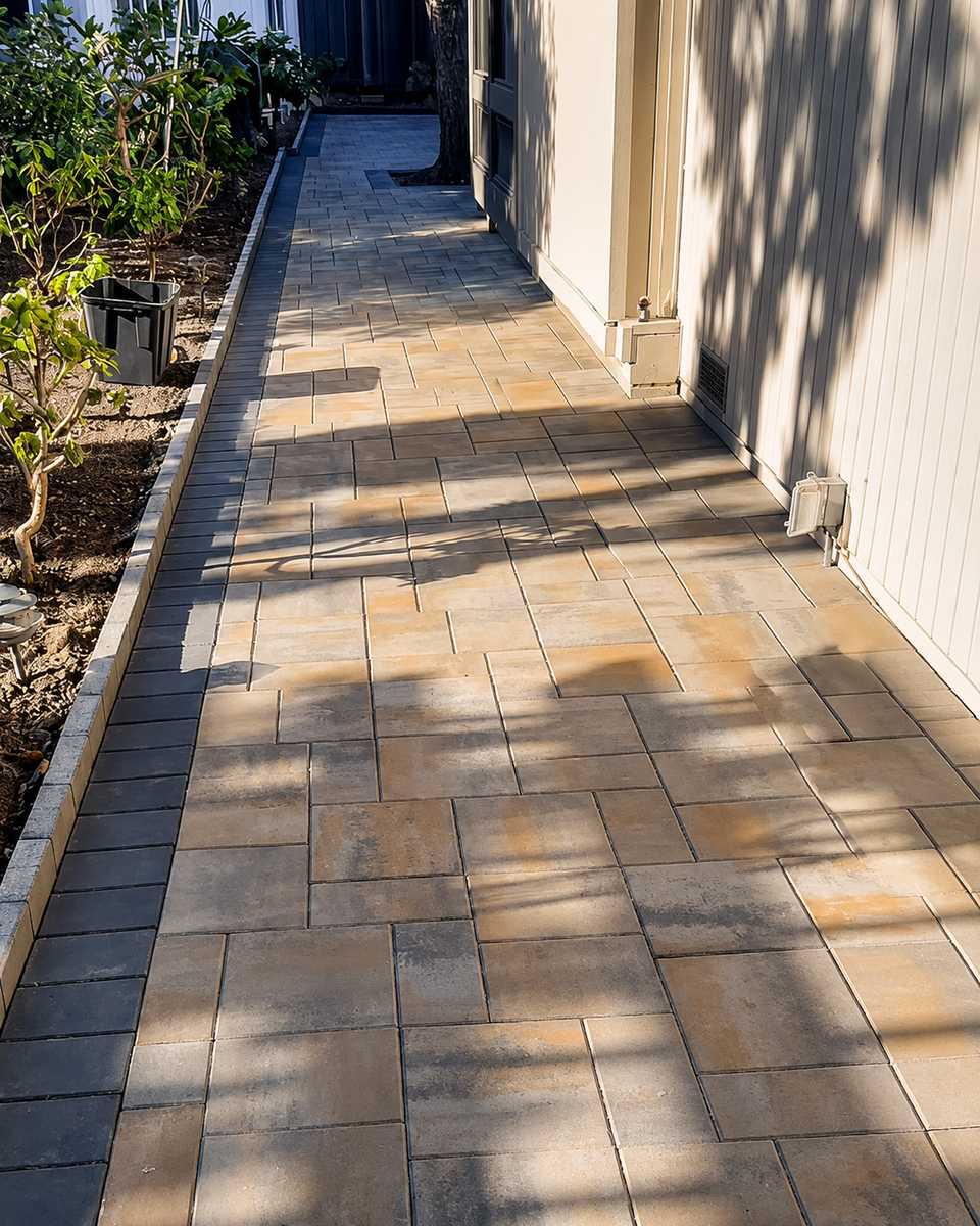 Interlocking paver walkway installed alongside a Central Coast home