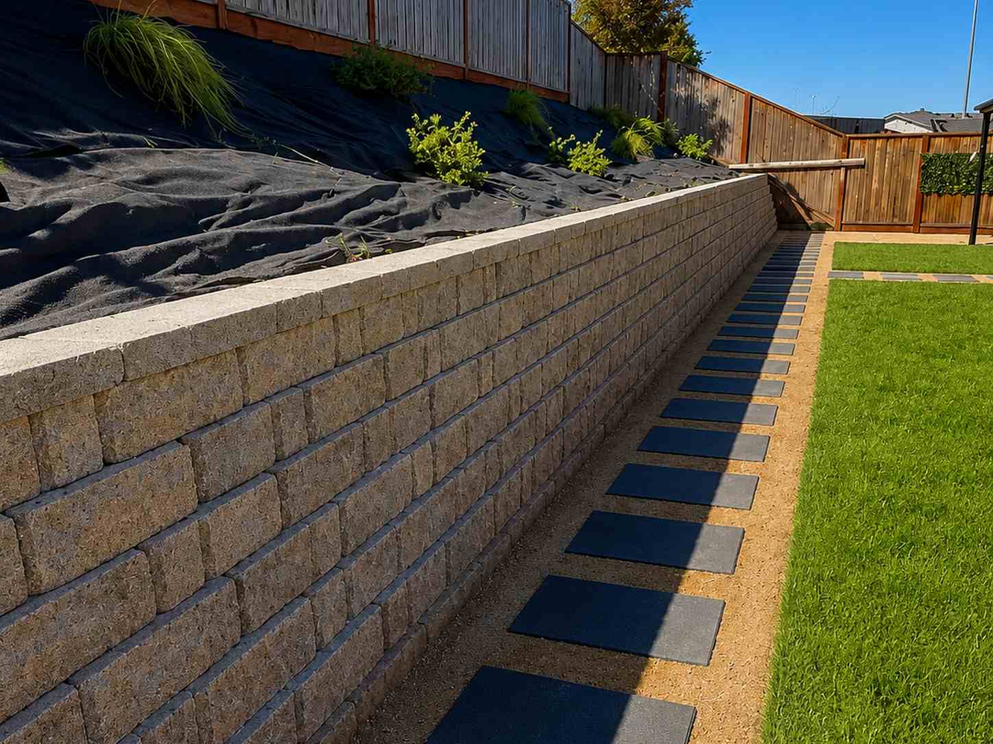Backyard landscaping with artificial turf, stepping-stone walkway, retaining wall, and planted slope
