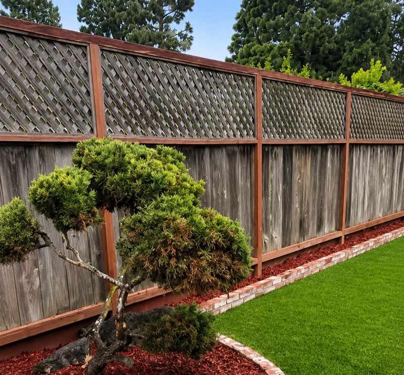 Finished wood privacy fence with decorative lattice beside a landscaped backyard