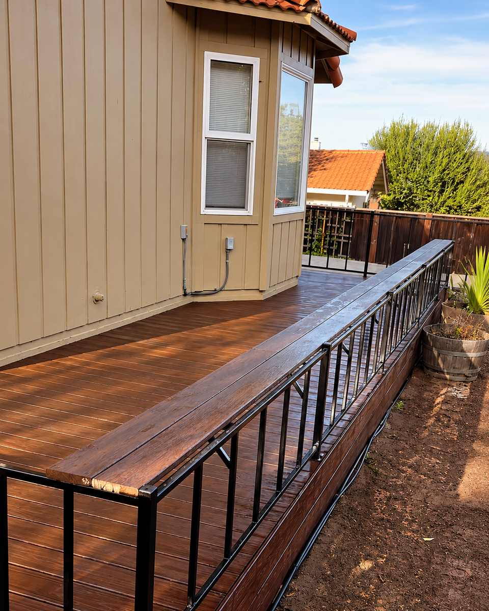 Newly stained wood deck with black metal railing beside a Central Coast home