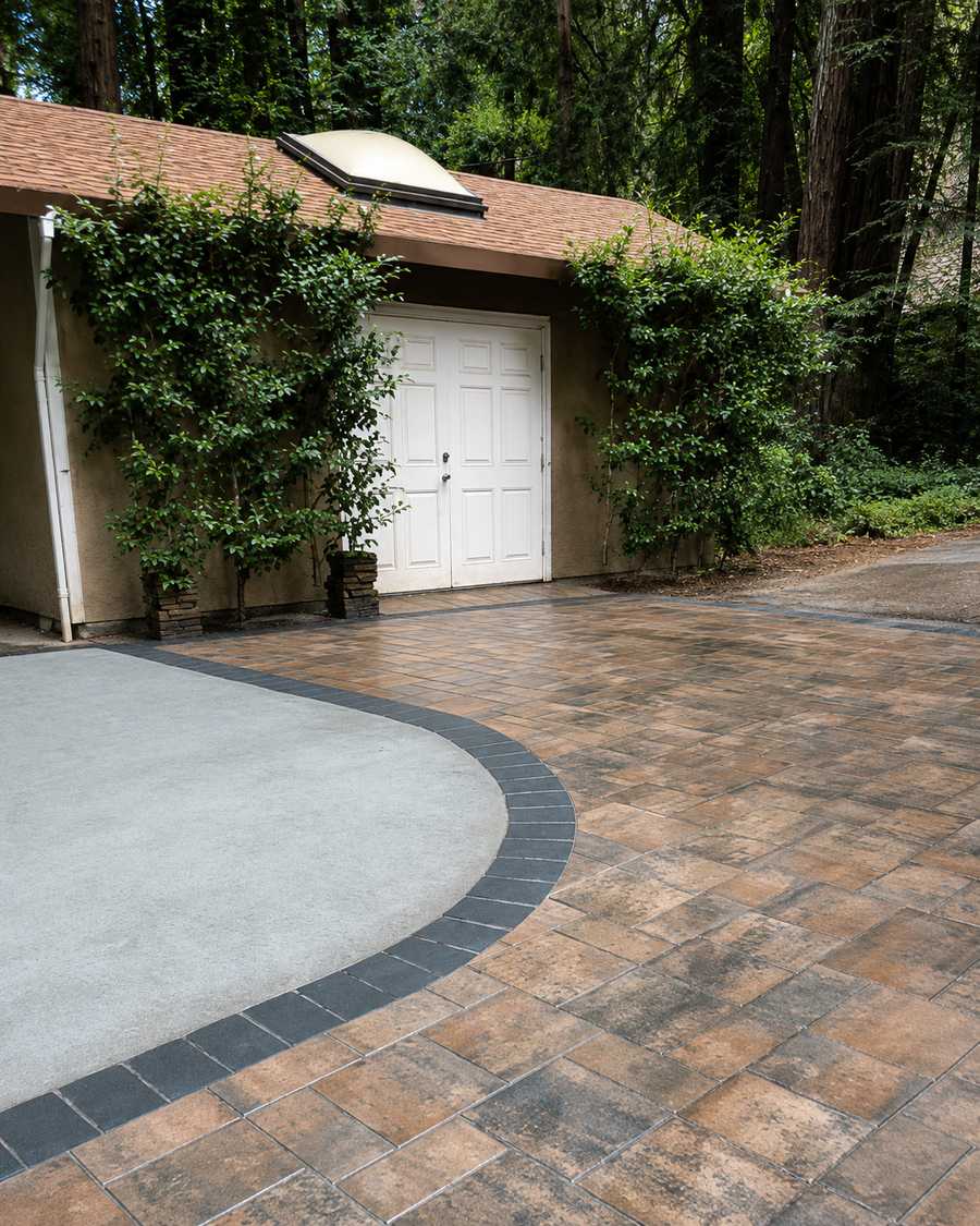 Curved paver driveway with contrasting dark border
